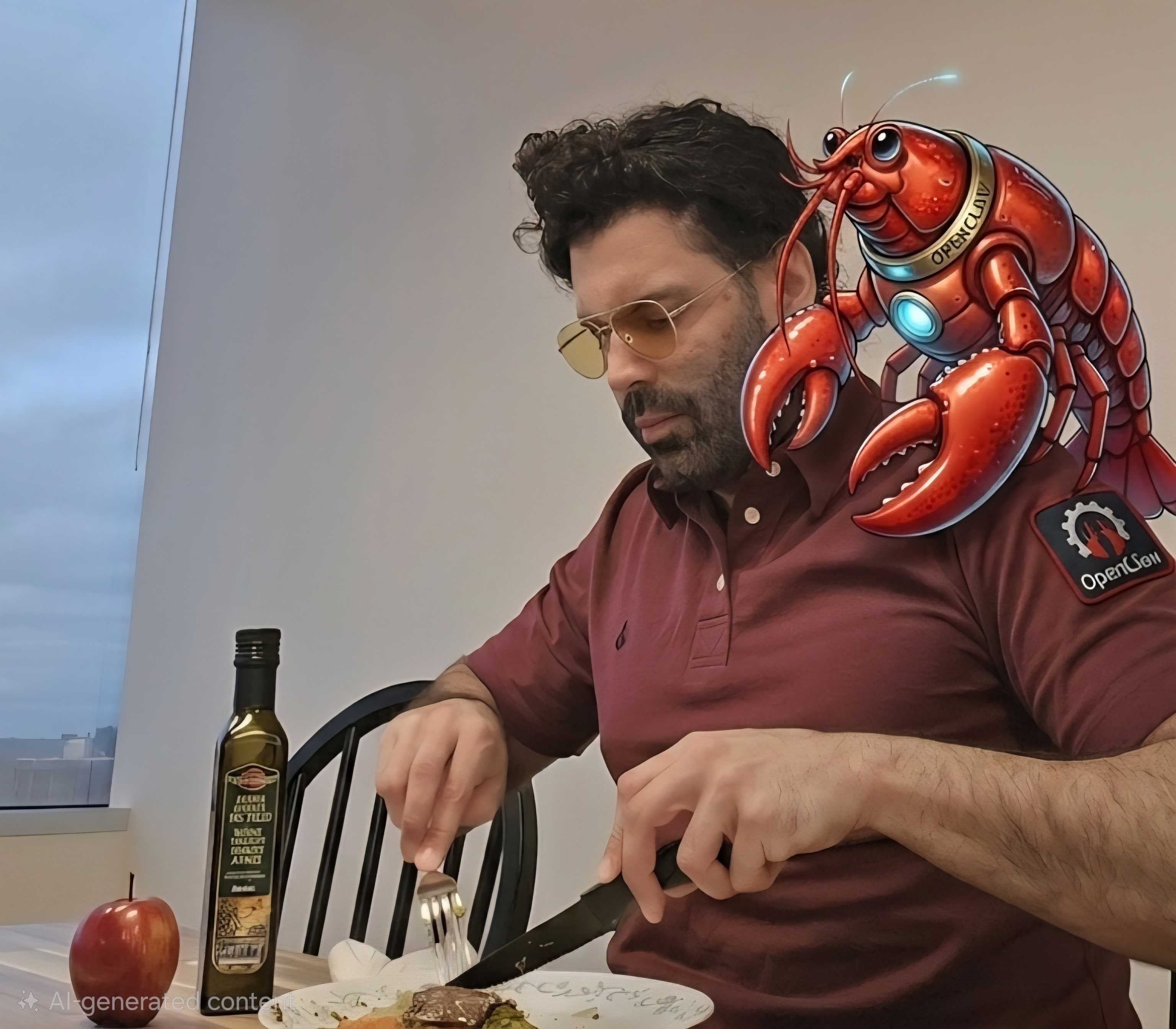 AI-rendered cartoon lobster perched on Luciano's shoulder while he eats dinner; the lobster wears an OpenClaw badge.