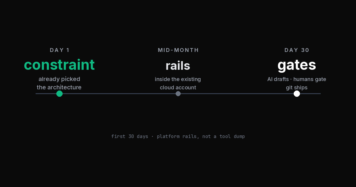 Thirty-day timeline: Day 1 constraint already picked the architecture; mid-month rails inside the existing cloud account; Day 30 AI drafts, humans gate, git ships.